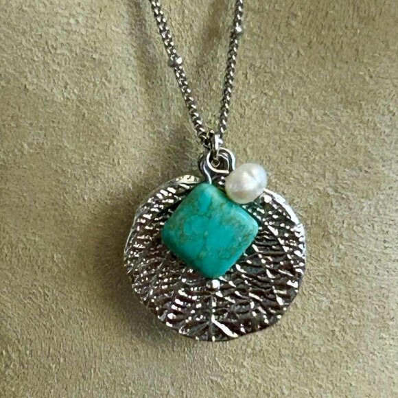 Lia Sophia Poplar Turquoise and Pearl Silver-Toned Necklace - Picture 1 of 3